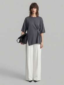 Ontre 2026 女士纯色简约休闲修身T恤，宽松版型，商务休闲，适合度假、海滩、生日派对、教师制服、返校、办公穿着 - 深灰色 - 查看 4