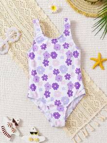 SHEIN Young Girl Cute Floral Print Tankini Swimsuit, Casual For Spring/Summer - Mauve Purple - View 4