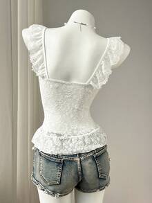 Elamini Women's Sweet & Cute Casual Daily Lace Fabric Cap Sleeve Square Neck All-White T-Shirt, Fashionable & Versatile For Spring/Summer - White - View 2