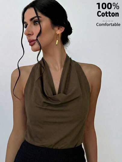 Firerie Blusa elegante minimalista con cuello drapeado y lazo delantero para mujeres, color albaricoque