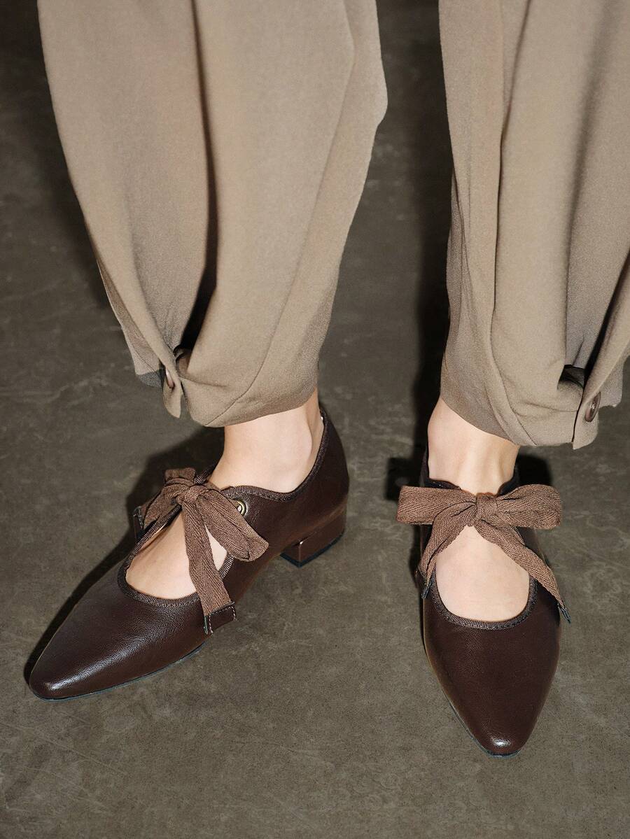 秋冬女士复古风粗跟尖头平底鞋，系带布洛克乐福鞋，玛丽珍中跟黑色牛津鞋，复古英伦风厚跟情人节鞋，芭蕾平底鞋 - 棕色 - 查看 1
