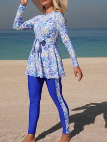 Swim Mulvari 女士两件套布基尼套装，贝壳扎染印花蓝色拼接裤，正面打结设计，度假沙滩布基尼套装 - 藍色 - 查看 3