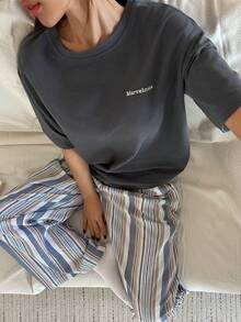DAZY Women's Casual Letter Print Loose T-Shirt Top And Striped Pajama Pants Sleepwear Set, Summer - Grey - View 10