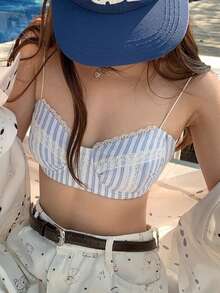 DAZY Atasan Camisole Halter Bergaris Esensial untuk Pantai Musim Panas Wanita - Biru - View 1