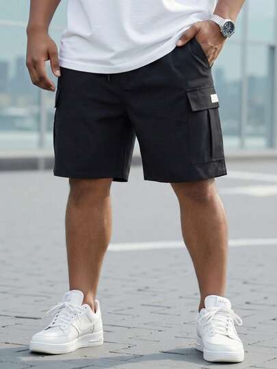 ResortEase 大码男士工装简约口袋短裤外出纯色休闲及膝短裤纯黑色短裤，适合丈夫、男朋友的礼物