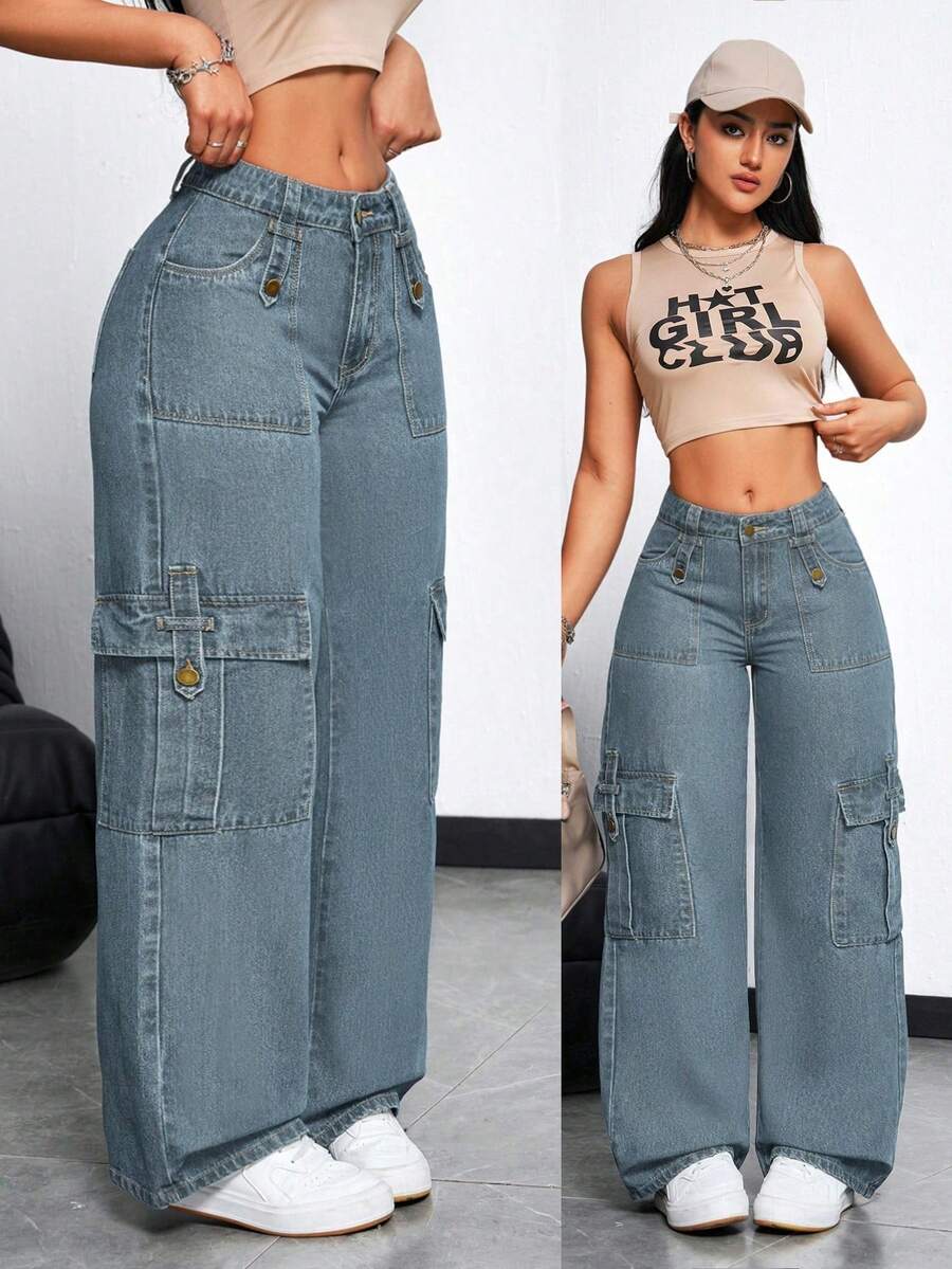 SHEIN PETITE 女士口袋纽扣休闲工装阔腿牛仔裤，适合街头穿搭和通勤。 - 藍色 - 查看 1