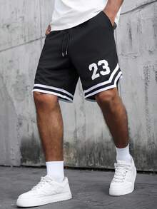 SLATEMANN 男士数字印花抽绳腰部宽松休闲篮球短裤 - 黑色 - 查看 1