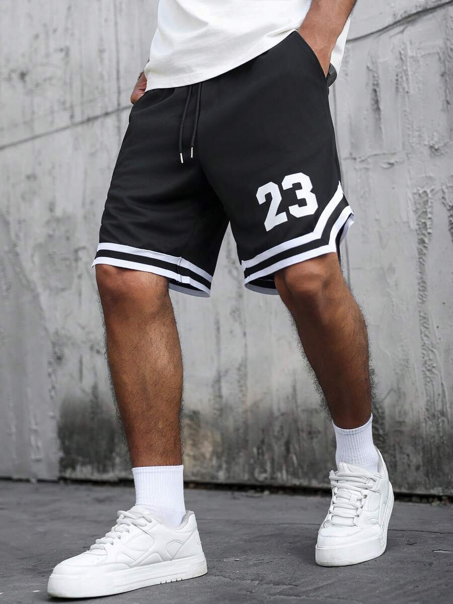 SLATEMANN 男士数字印花抽绳腰部宽松休闲篮球短裤 - 黑色 - 查看 1
