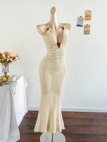 Soleia Women's Vacation Casual Backless Halter Knit Dress Crochet Maxi Dress Summer Maxi Dress Beach Maxi Dress Crochet Dress Vacation Dress In Fall/Winter - Apricot - View 5