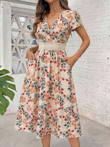 SHEIN Clasi Đầm midi nữ cổ chữ V, thắt eo, chất liệu ren, họa tiết hoa màu kaki/nâu, thanh lịch, thích hợp mặc hàng ngày, đi nghỉ mát, mùa xuân/hè. - Nhiều màu - Xem 5