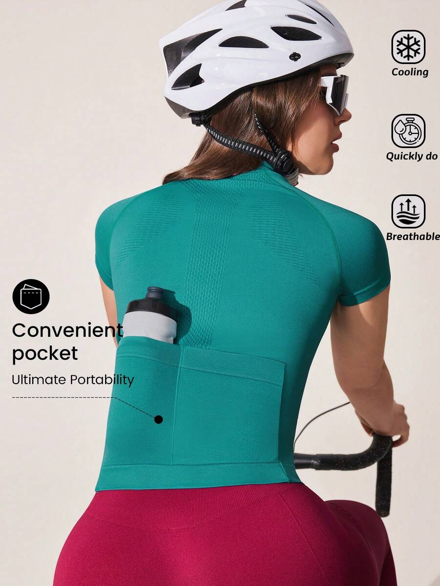 Exploreva Women's Tight-Fitting Cycling/Running/Hiking Undershirt, Green With Rear Pocket, Tight And Comfortable Outdoor Exercise Sports Zipper Shirt Short Sleeve T-Shirt - Green - View 1