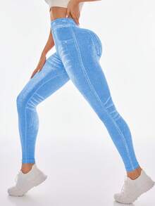 Velisys 3条装女士黑色、蓝色、浅蓝色无缝针织高腰塑形打底裤 - 彩色 - 查看 7