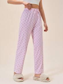 Loomlin Women Cotton Pink With Contrast Colour Striped Heart Patterned Fake Drawstring Detail Long Homewear Casual Cute Sleep Bottom Pants - Pink - View 3