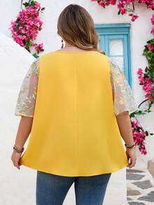 SHEIN CURVE+ Plus Size Curve Size US22Music Festival, Seaside Vacation, BohemiaLadies' Elegant Embroidered Patchwork Ruffle Sleeves Yellow Shirt In - Yellow - View 3
