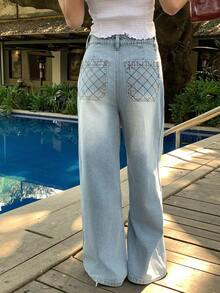 DAZY Women's Versatile Casual Quilted Flared Refreshing Denim Jeans, Suitable For All Seasons - Blue - View 1