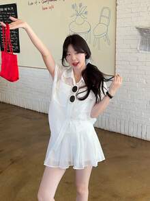 DAZY 女士翻领宽松两件套，韩版透明休闲半身裙 - 白色 - 查看 3