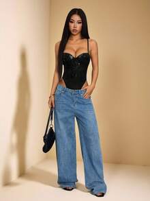 SHEIN PETITE Women's Black Floral Sequin Embroidery Stretch See-Through Bodysuit/Holiday Jumpsuits/Music Festival Outfits/Elegant And Simple Jumpsuits,Halloween - Black - View 4