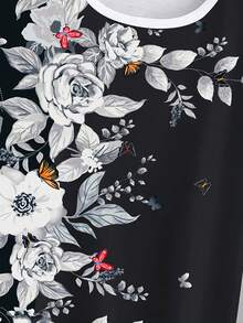 SHEIN LUNE 花卉印花蝙蝠袖弧形下摆T恤衫 女式上衣 - 彩色 - 查看 4