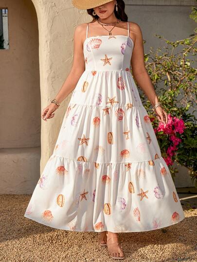 Breezaya Plus Size Women Elastic Waist Floral Print Dress, Spaghetti Strap Solid Color/Shell Print Hem Dress, Summer Long Vacation Dress, Boho Vacation Maxi Western Wear, Summer Women Outfit, Beach Women Outfits Starfish Dress Sundress Long Seashell Dress Summer Long Dress Women Vacation Dress