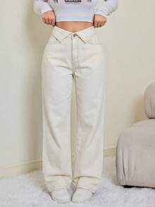 SHEIN Tall Summer Tall Women's Casual High Waisted Beige Wide Leg Denim Pants For Women Fold Over Waistband Casual Jeans Fold-Over Waist Wide Leg Loose Casual White Jeans - Beige - View 1