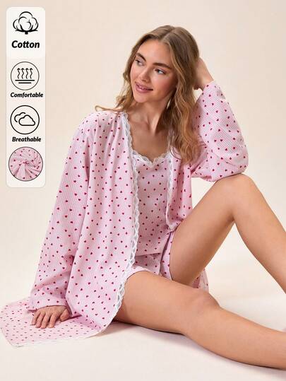 Loomlin 3 delar Cottonline Dam Randig Hjärtmönstrad Spetsdetalj Sexig Bandad Sömntopp + Morgonrock + Sömnshorts Nederdel Avslappnad Komfort Söt Lounge Pyjamas Set