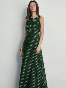 Aveloria Modichic Minimalist Elegant Polka Dot Satin Round Neck Sleeveless Dress, Versatile For Work And Everyday Wear - Dark Green - View 6