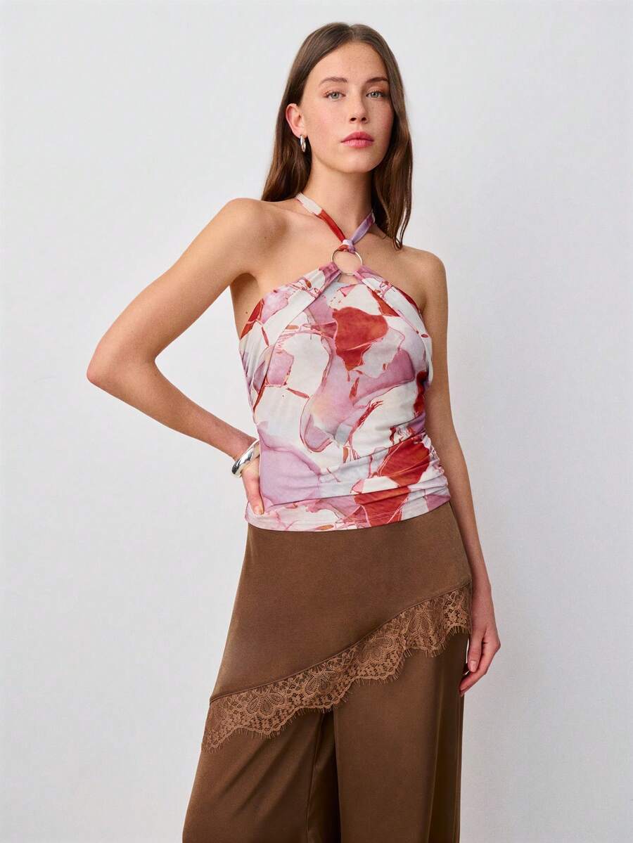 Nöista Top con cuello de halter estampado con detalle de anillo de metal en el escote. Estilo bohemio, festival, primavera, verano. - Morado - Ver 1