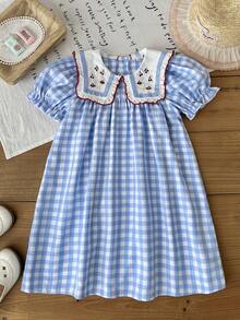 Young Girl' Summer Blue & White Plaid Dress, With Cherry Embroidered Lapel, Puff Sleeves + Loose Skirt, Fresh And Cute, Suitable For Summer Outfit, Plaid Element Brings Retro Vibe, Sweet Elements Fully Loaded. - Blue - View 6
