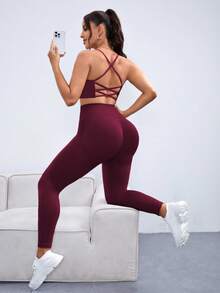 Rhythm Era Bộ đồ thể thao yoga, tập luyện, tập thể dục không đường may, co giãn cao cấp, gồm áo ngực và quần legging, cỡ lớn, không lưng, ôm sát. - Màu Đỏ Sâu - Xem 6