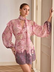 Women's Romantic Floral Print Tie Neck Lantern Sleeve Cardigan And Skirt 2-Piece Set - Pink - View 5