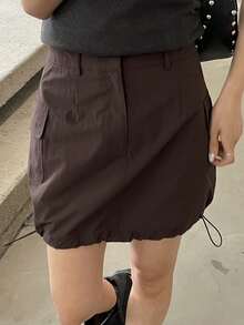 DAZY Women's Solid Color Utility Pocket Casual Short Skirt - Coffee Brown - View 8