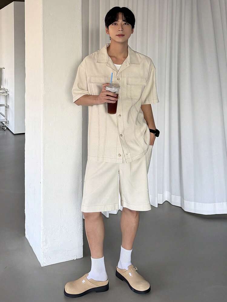 Men's Summer Solid Color Front Button Short Sleeve Shirt And Shorts Casual Suit