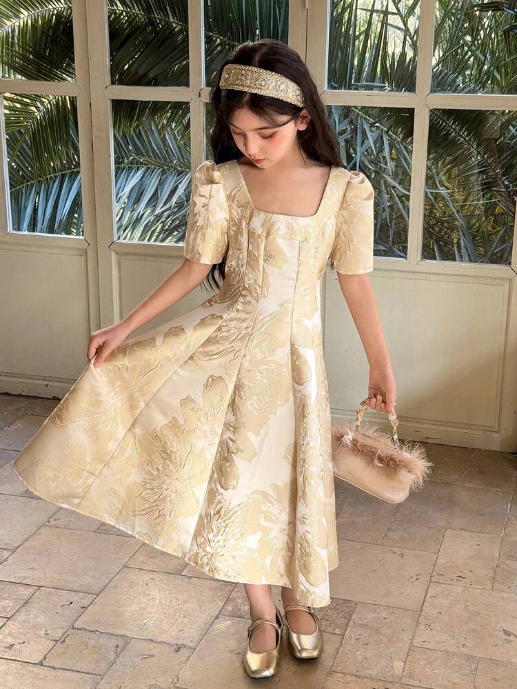 Tween Girls Square Neck Short Sleeve Dress Summer