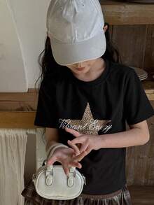 Dazy Kids Tween Girl Letter, Leopard Print, Star Graphic Round Neck Short Sleeve Casual T-Shirt - Black - View 3