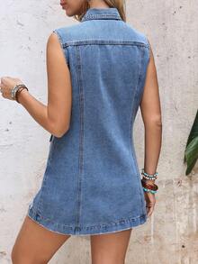 EMERY ROSE Women's Casual Everyday Ripped Front Button Sleeveless Denim Jacket, Summer - Blue - View 2