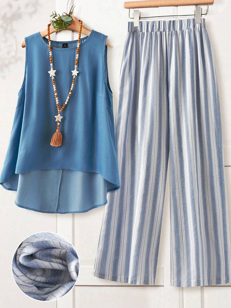 Plus Size Women Summer Casual Loose Solid Color Round Neck Sleeveless Top And Striped Pants 2-Piece Set, Summer Outfit For Women,Spring Outfit,Holiday Outfits For Women,Casual Sets For Women,Going Out Outfits Denim Maxi Skirt Anthropologie Inspired Clothes Blue Brunch Outfits For Women Matching Set Skirt And Top Summer Skirt And Top Set Women Outfits Sets Women Summer Outfits Women Vacation Outfit Sets Women Spring Outfit