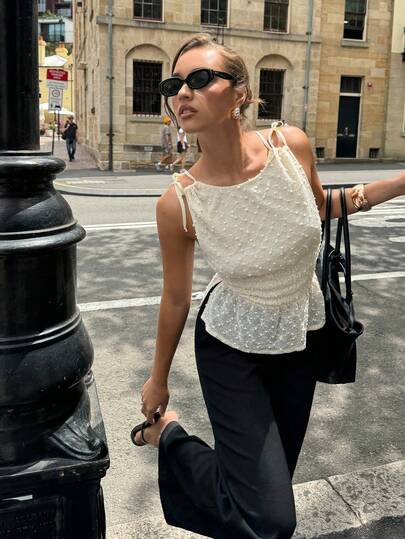 Siren Gaze Women's Solid Color Crew Neck Sleeveless Textured Fabric Tank Top, Backless Camisole Design, Women's Clothing, Party Top, Wedding Party Top, Outgoing Top, Elegant Women's Top, Fashionable Women's Top, Elegant Fashionable Camisole, Sheer Textured White Tank Top With Tie Shoulder Straps And Shirred Waist Summer Camisole White Elegant Top White Peplum Top Seashell Top Eyelet Top Lacey Top