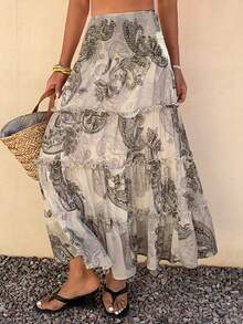 DAZY Women's Elegant Floral Print Frill Trim Skirt, Summer - Khaki - View 3