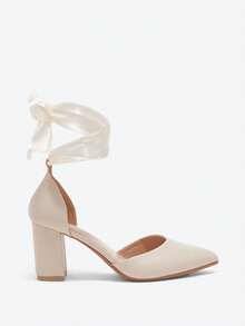 Fashionable Lace-Up Elegant Chunky Heel Pointed Toe Hollow Out High Heels, Suitable For Summer & Autumn, Elegant, Women Pumps, Elegant,Wedding Outfits - Apricot - View 6