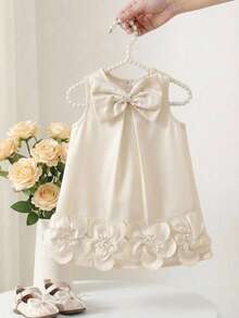 SHEIN Baby Girls' Elegant Sleeveless Bow Decor Ruffle Mesh Dress, Minimalist Fashion For Spring/Summer - White - View 9