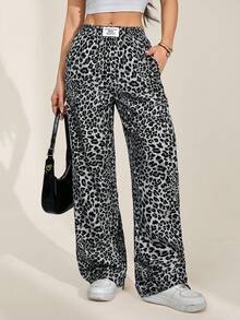 SHEIN PETITE 2 chiếc quần dài ống rộng màu đen và họa tiết da báo mới dành cho nữ. Quần ống rộng nữ. - Nhiều màu - Xem 11