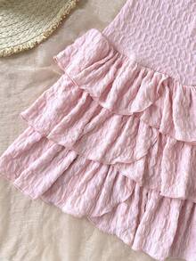 SHEIN Tween Girl Vacation Mini Dress With Elastic Ruched Bust, Tie Neck, Bowknot, And Tiered Ruched, Can Wear Inner Or Outer,Summer Dresses ,Solid White Dress - Pink - View 5