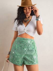 Freevana Quần culottes chiffon thêu sequin màu xanh lá nhạt phong cách Bohemian, chân váy cạp cao ôm sát, thích hợp mặc đi biển, chân váy chữ A thêu bất đối xứng, quần short mùa hè nhẹ nhàng lấp lánh cho nữ, quần short thanh lịch, quần short màu xanh lá cây cho nữ, quần short đính đá, quần short mùa hè cho nữ - màu xanh lá - Xem 5