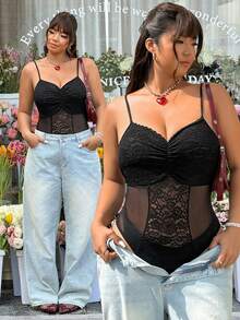 GalTyme Áo liền thân gợi cảm phối ren và lưới tương phản dành cho nữ cỡ lớn, thích hợp cho mùa xuân/hè. - màu đen - Xem 1