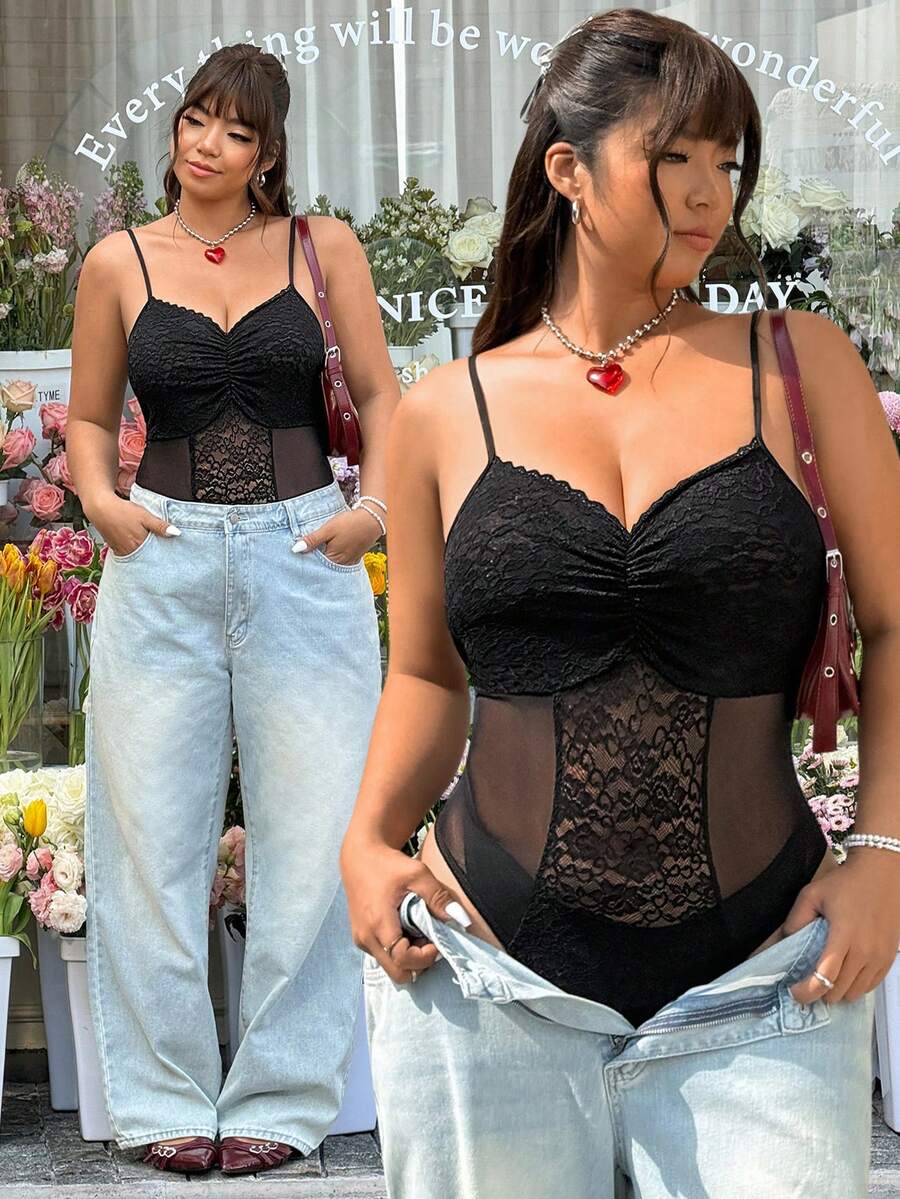 GalTyme Áo liền thân gợi cảm phối ren và lưới tương phản dành cho nữ cỡ lớn, thích hợp cho mùa xuân/hè. - màu đen - Xem 1