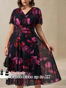 SHEIN CURVE+ 大码女士优雅连衣裙，适合工作、夏季穿着，网纱面料，弹力十足，短袖，长款，职业女性夏季服装套装 - 彩色 - 查看 1