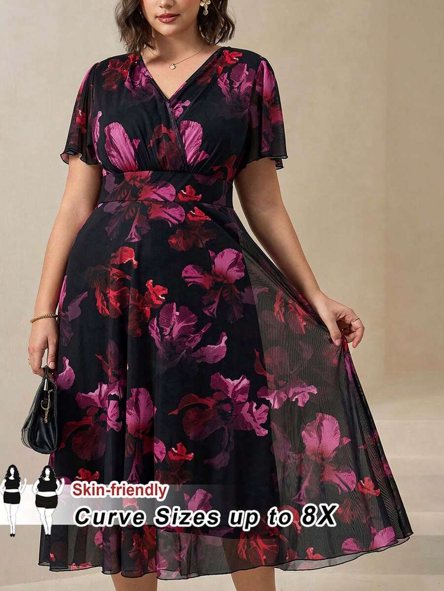 SHEIN CURVE+ 大码女士优雅连衣裙，适合工作、夏季穿着，网纱面料，弹力十足，短袖，长款，职业女性夏季服装套装 - 彩色 - 查看 1