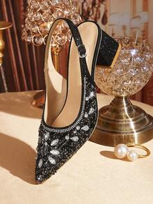 CUCCOO TILAWA Women's Shoes Are Wrapped In Cloth Square And Glass Rhinestone Decorative Pointed Women's High-Heeled Shoes, Suitable For Going Out, Banquets, Parties And Other Activities - Black - View 5