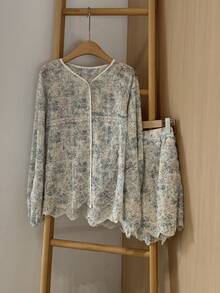 DAZY Women's Printed Loose Long Sleeve Cardigan And Loose Shorts Casual Elegant 2 Pieces Set - Baby Blue - View 8