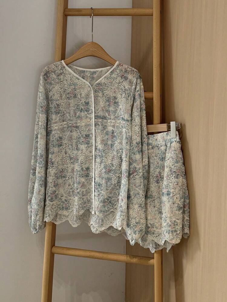 Women's Printed Loose Long Sleeve Cardigan And Loose Shorts Casual Elegant 2 Pieces Set
